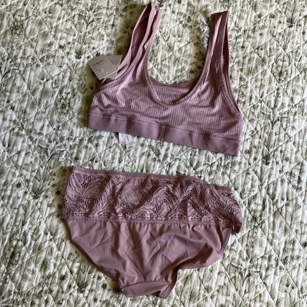 Auden Mauve Ribbed Bralette and Lace Hipster Panty Set NWT Size Small 4-6